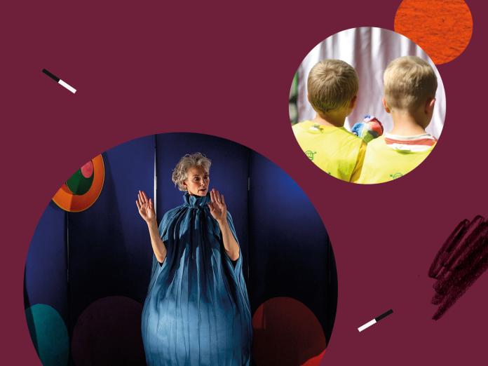 Collage med billeder fra teaterforestillinger afholdt i Børnekulturhuset Sokkelundlille