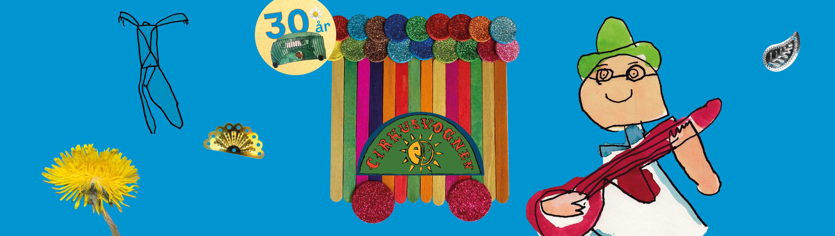 Collage med billede af Cirkusvogn lavet med farvede ispinde og tag af mosgummi-dutter